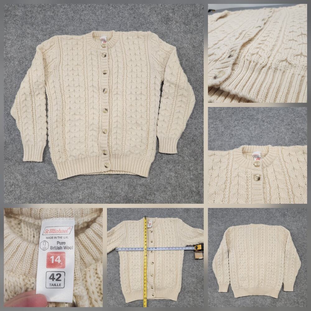 VTG ST Michael Mens Size 42‎ 100% Pure British Wool Cableknit Cardigan Sweater